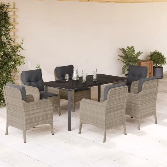 Set da pranzo da giardino vidaXL in polyrattan con piano in vetro, 7 pezzi, antracite – 1