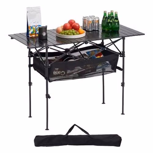VEVOR Tavolo da Campeggio Pieghevole, Tavolo da Spiaggia in Alluminio Leggero con Altezza Regolabile, Ampia Borsa Portaoggetti e Borsa per Trasporto, per Barbecue all'Aperto, Picnic, Viaggi, Nero