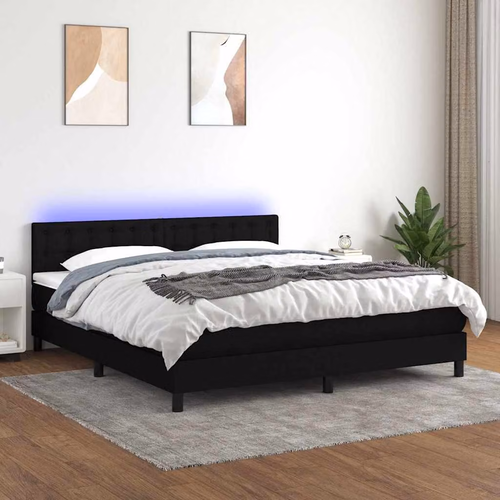 Letto a Molle con Materasso vidaXL in Tessuto Nero con Illuminazione LED e Porte USB L: 180 cm, P: 200 cm, H: 203 cm – 1