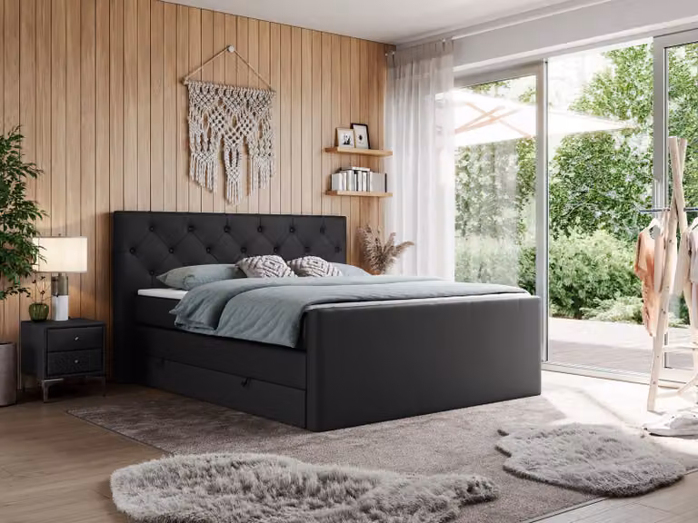 Letto matrimoniale con materasso Multipocket e coprimaterasso, letto boxspring con cassetti - KING VELEN - 180x200 cm - Nero - H3