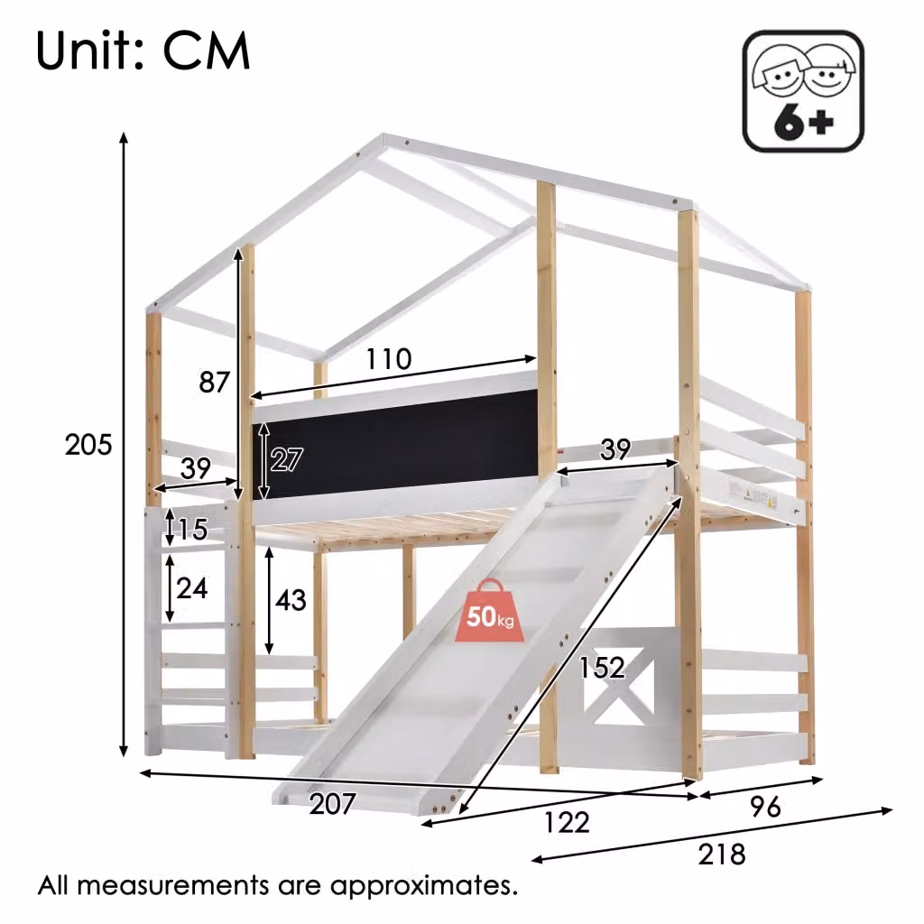 Letto a castello CIPACHO bianco con scivolo e scala in legno di pino e MDF, dimensioni H 207 x L 90 x P 120 cm – 2