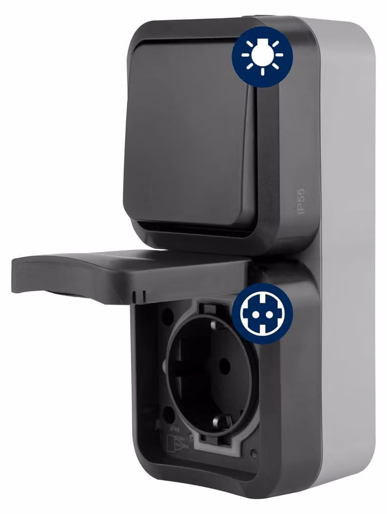 Prese a incasso per costruzione, con interruttore luce, grado di protezione IP55, 230V 16A, colore antracite, adatte per garage e giardino