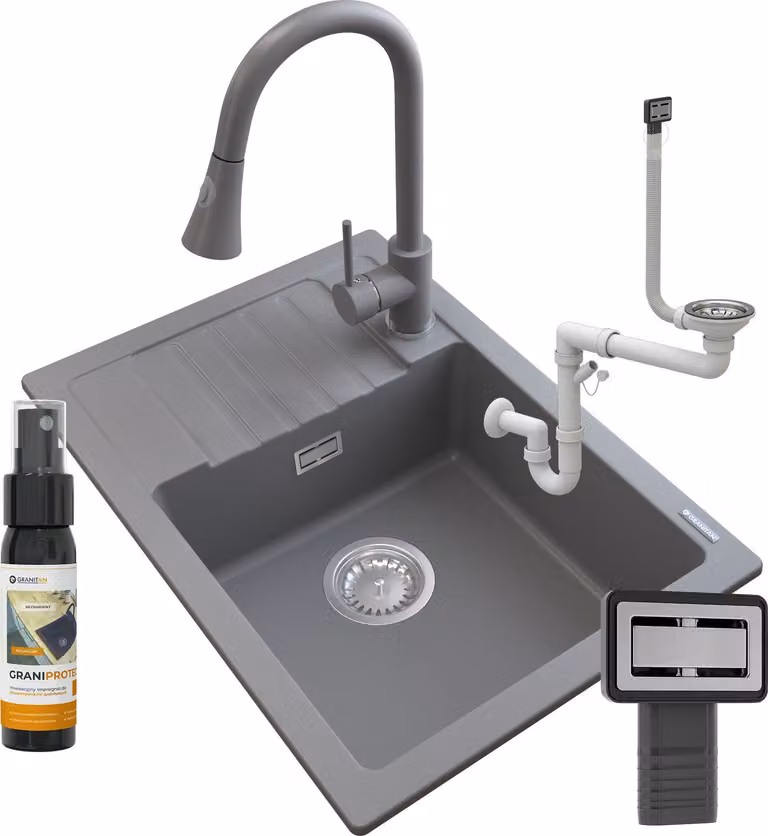 Granitan - Lavello in granito - Lavello da cucina - 62x44x18 cm - Grigio - con rubinetteria SNAKE, sifone e trattamento impermeabilizzante