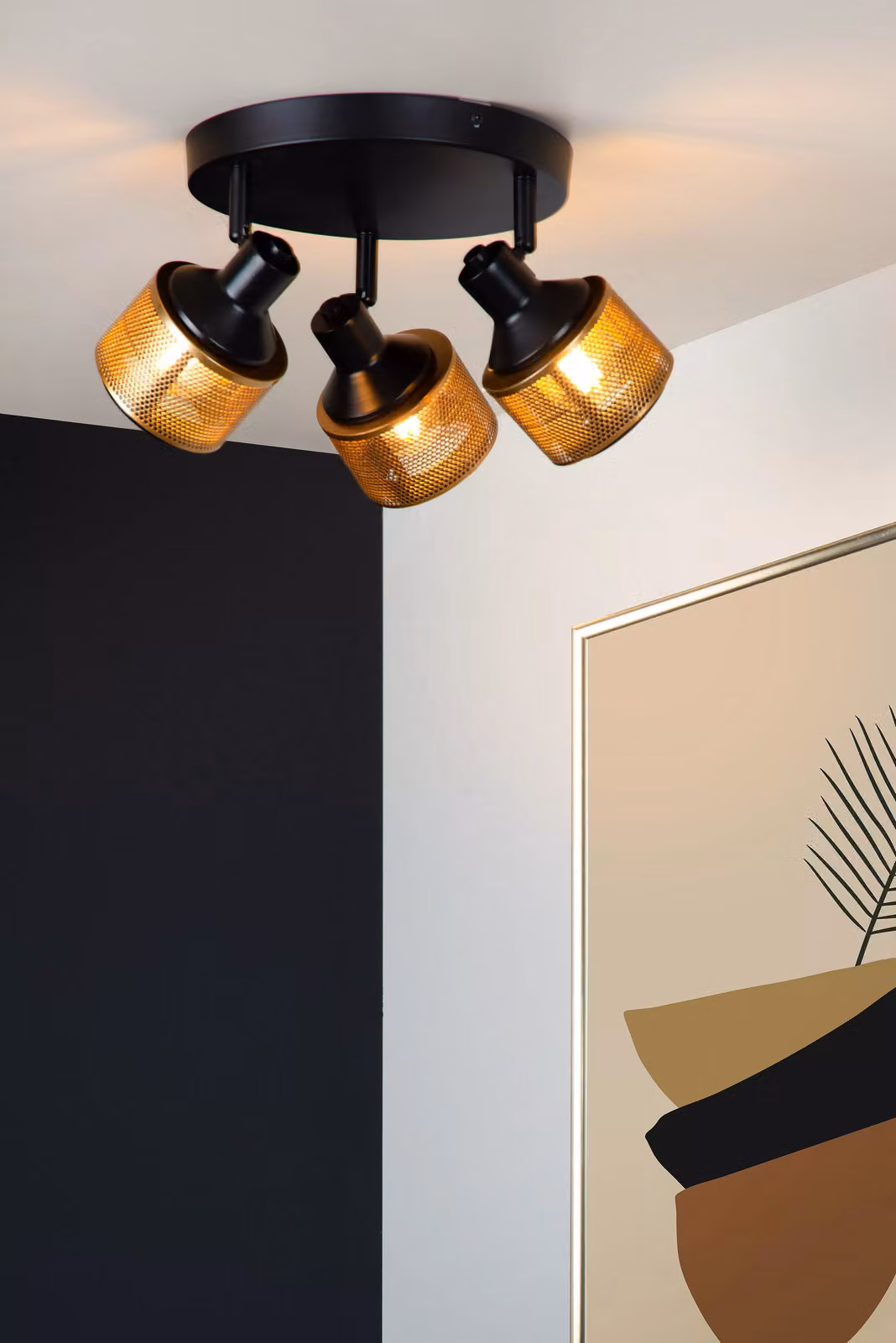 Lampada da soffitto rotonda a triplo riflettore, nera con dettagli dorati, RAFA 3xE14 40W Lucide
