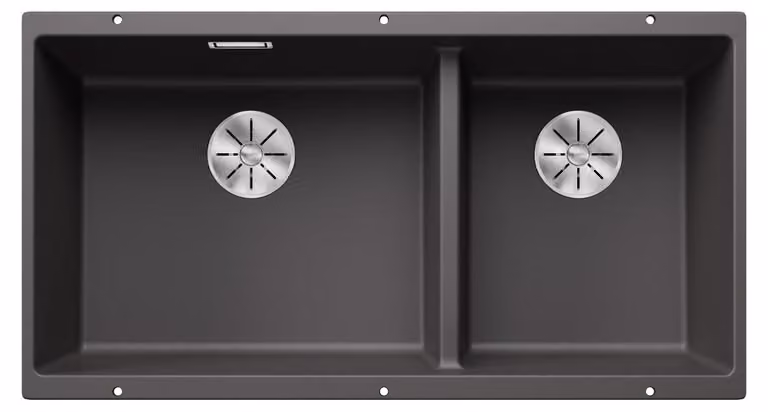 Lavello da cucina in granito, 855x460 mm, 2 vasche, colore grigio pietra, senza piano di appoggio