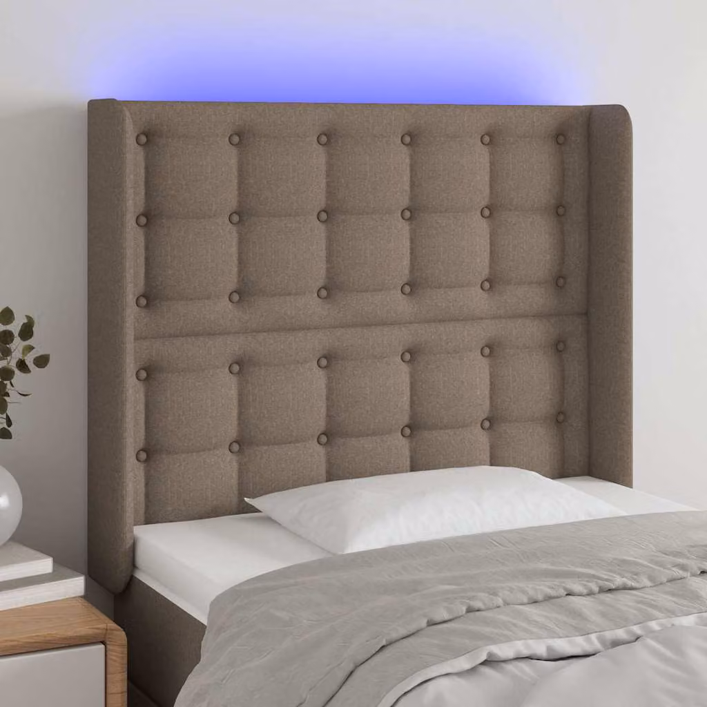 Testiera per letto vidaXL in tessuto con illuminazione LED e porta USB, colore tortora, L: 83 cm, P: 16 cm, H: 118-128 cm