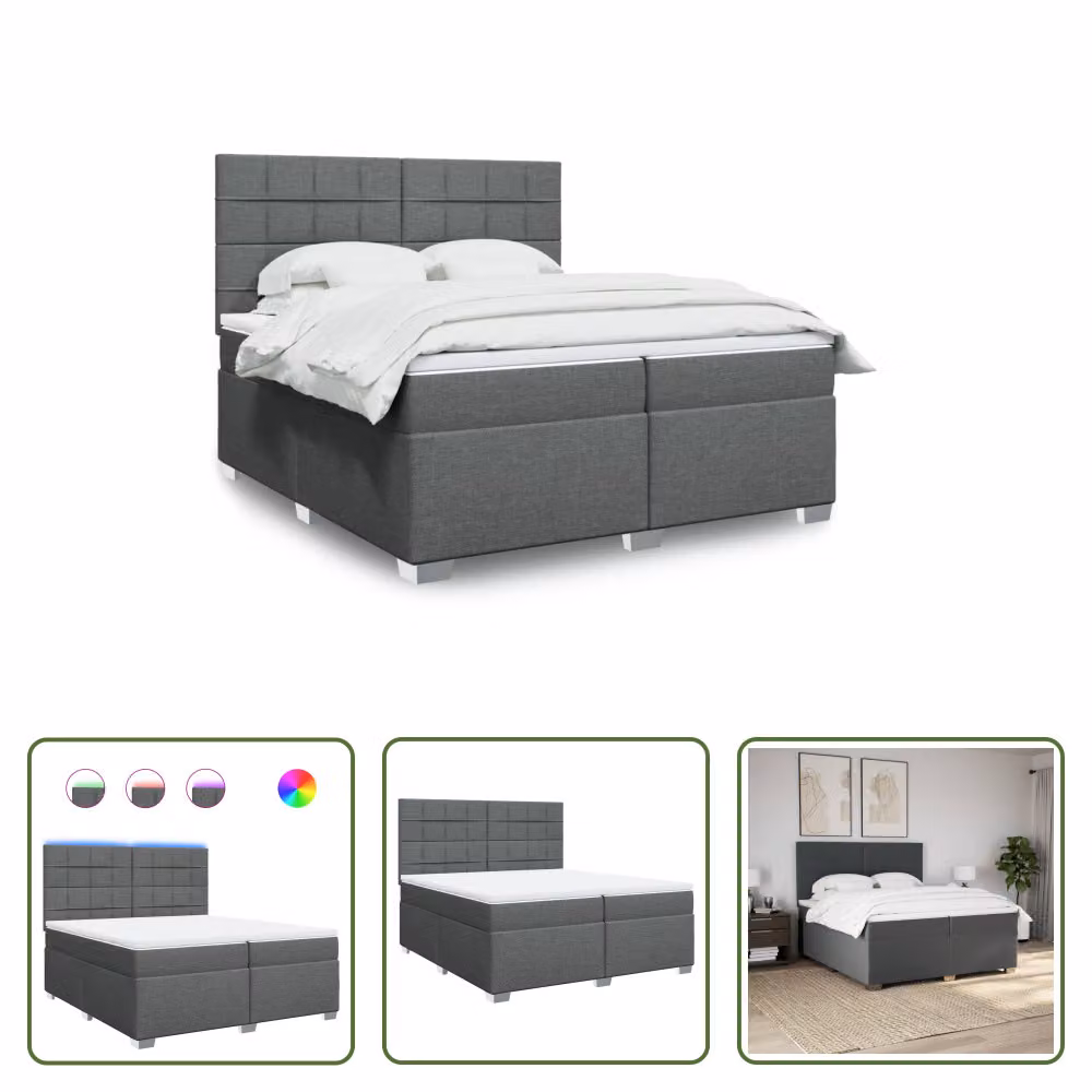 The Living Store Letto a molle con materasso grigio scuro 200x200 cm in tessuto