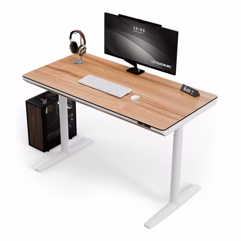Ultradesk SHIFT - Bianco/Marrone - Scrivania per computer con regolazione elettrica dell'altezza, piano 140x70 cm, ampio cassetto, gestione cavi