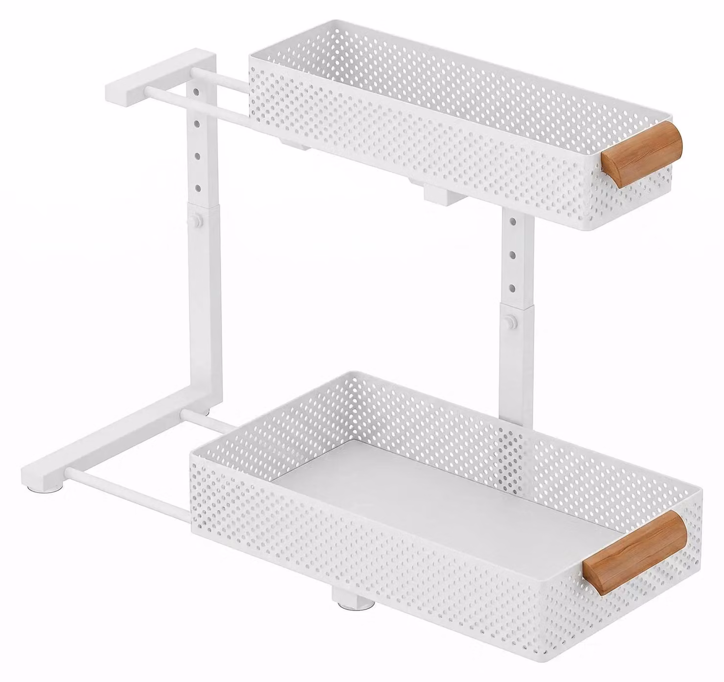 Organizzatore per mobiletti sottolavello - Scaffale estraibile a 2 livelli - Design a forma di L - Struttura in acciaio regolabile - Cesto scorrevole con ventose - Bianco