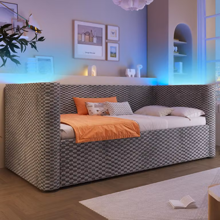 okwish divano letto 90x200 daybed letto per bambini con rete, letto per ragazzi con meccanismo idraulico, daybed con illuminazione LED e rete a doghe, grigio (senza materasso)