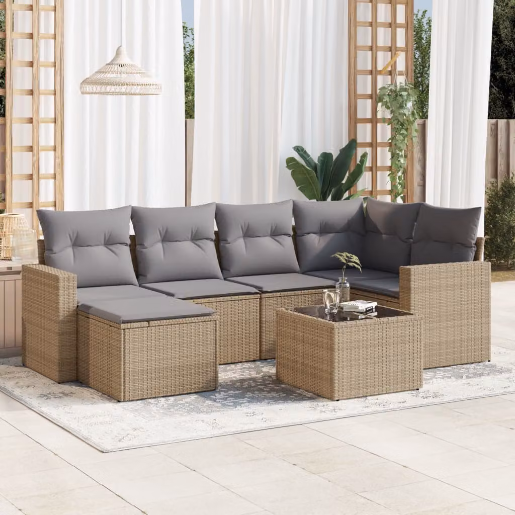 vidaXL Set Divani da Giardino 7 pz a Forma a L con Cuscini Beige e Struttura in Acciaio e Polyrattan