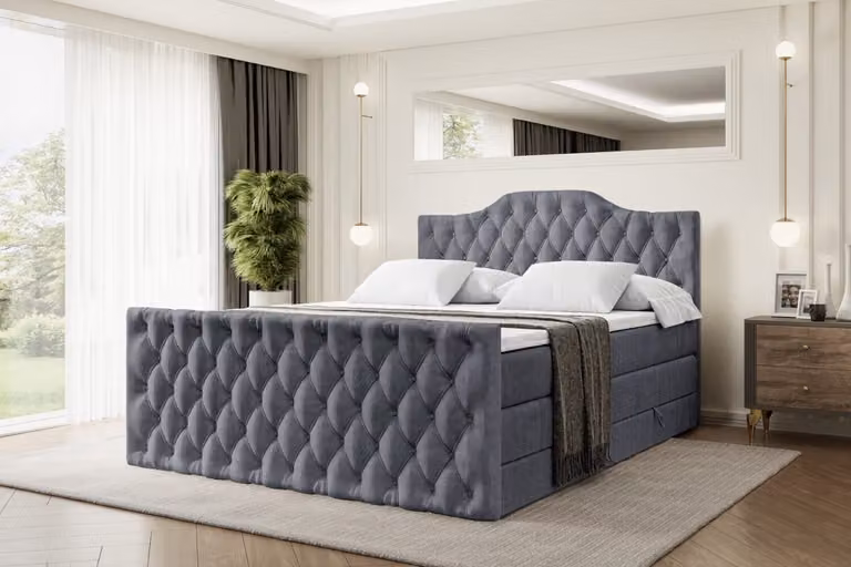 Letto boxspring ALTDECOR con pediera, 2 materassi e topper - 120x200 cm - VILA-1-Z KING - Velluto grigio scuro - Letto imbottito con materassi H3 e H4, contenitore e rete a doghe, letto con spazio contenitivo