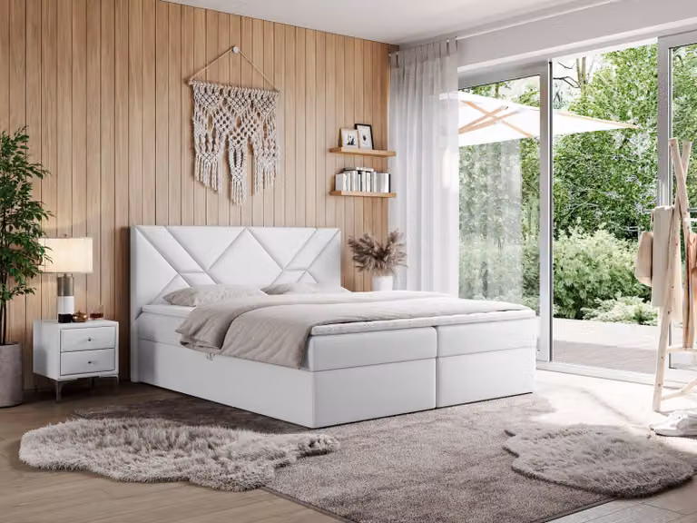Letto boxspring MKS MEBLE 200x200 con materasso H3 e contenitore, letto matrimoniale con contenitore e topper, letto imbottito 200x200 con testiera - NEOMI - Pelle finta bianca - H3