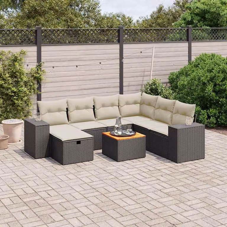 vidaXL Set Divani da Giardino a L con 8 Pezzi in Polyrattan Nero e Acciaio con Cuscini e Tavolino