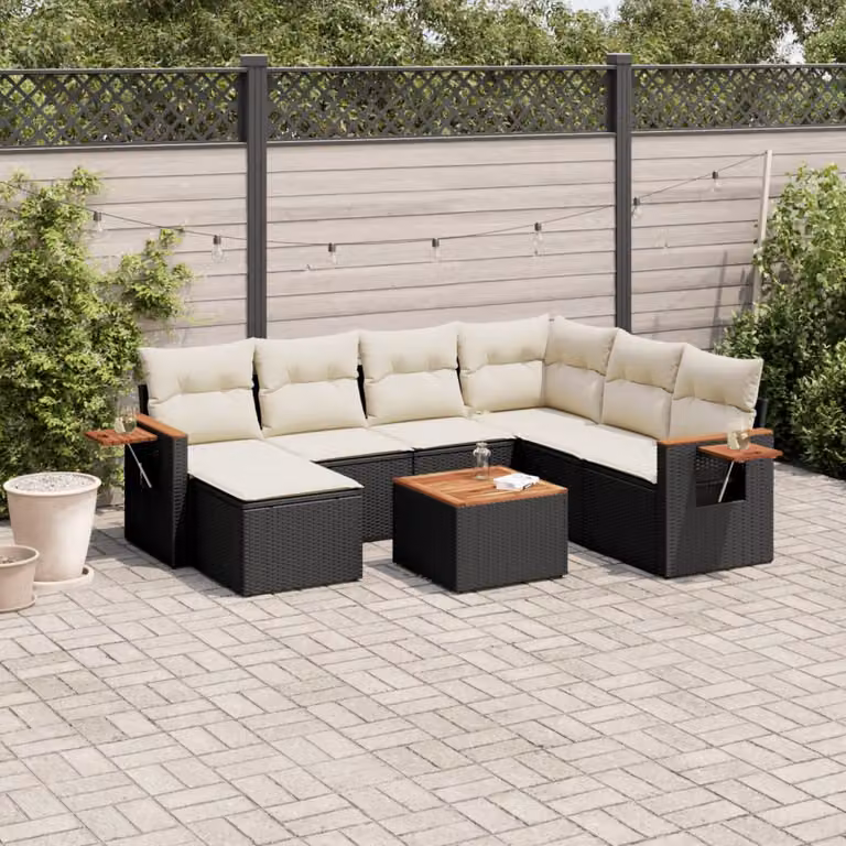 Set di divani da giardino vidaXL a forma di L in polyrattan nero con 8 pezzi, inclusi cuscini e tavolino da esterno