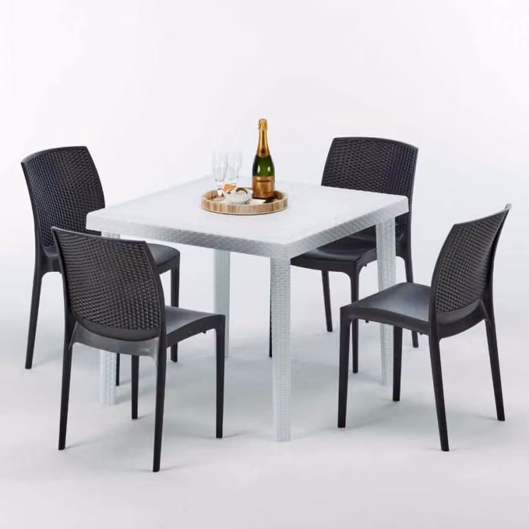 Tavolo quadrato bianco e 4 sedie in polipropilene colorato per esterni Grand Soleil Boheme Love - Nero