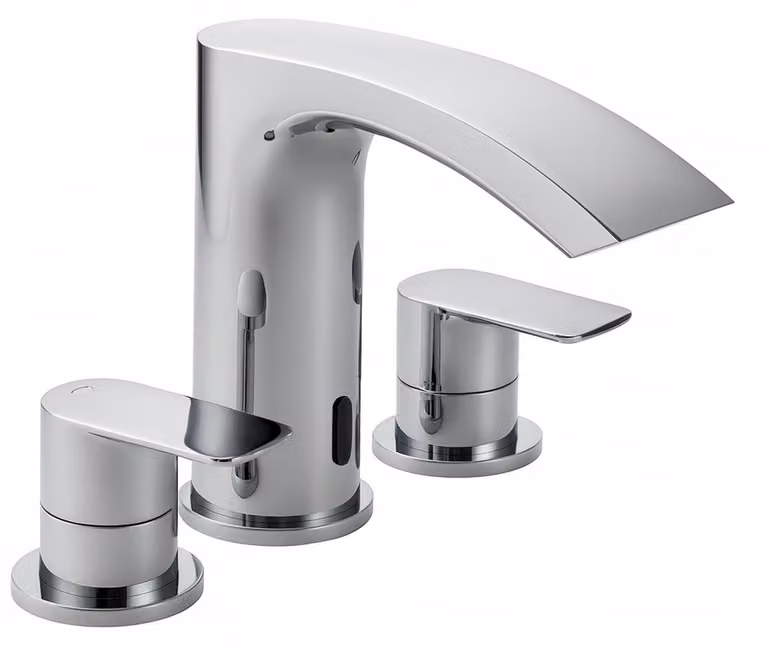 Miscelatore da bagno con bocchetta a cascata, 3 fori, cromato, con due maniglie