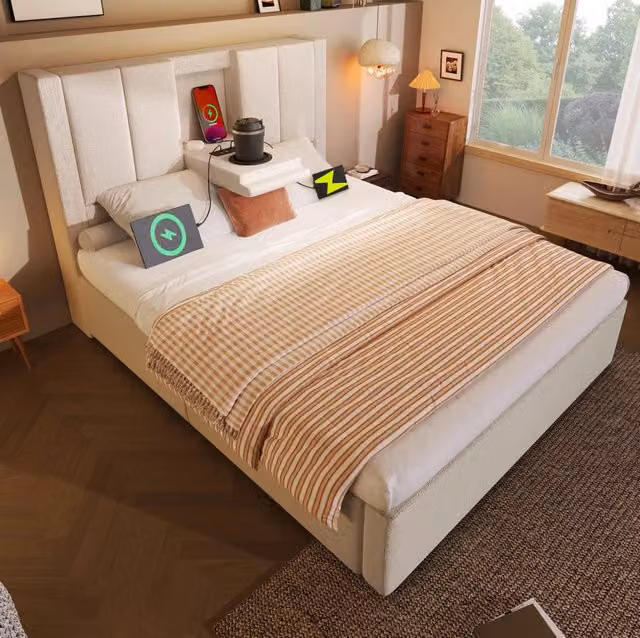 Letto singolo in lino beige 90x200 cm con vano contenitore idraulico, porta bicchiere nascosto e stazione di ricarica USB integrata, telaio letto con rete inclusa (senza materasso)