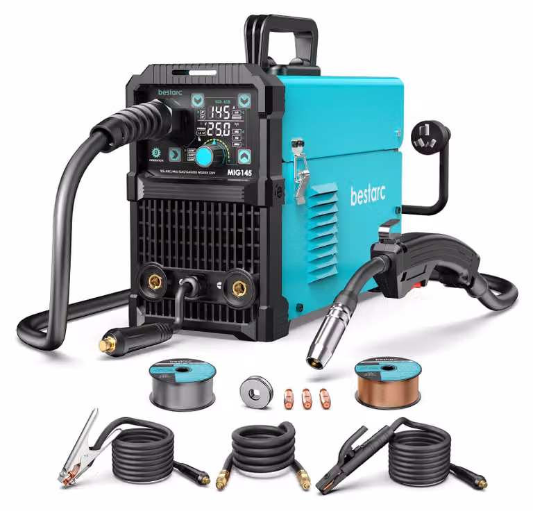 Saldatrice MIG145 - Saldatrice inverter MIG/MAG - 145A, 220V - 4 funzioni: MIG con gas/senza gas, TIG, MMA - Display LED digitale - Spina EU