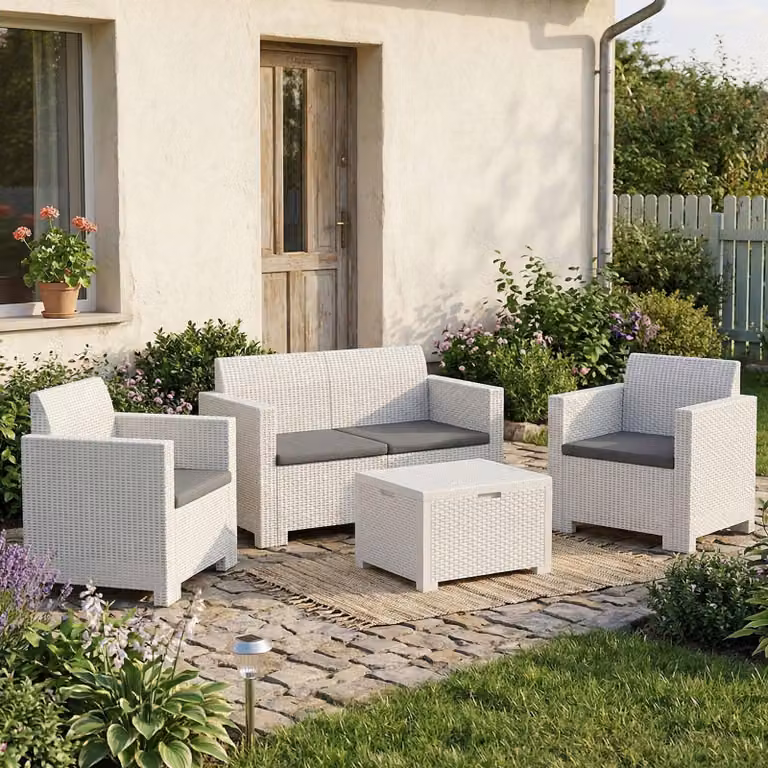 Dmora set Salotto da Esterno Gazania Bianco, 4 Posti Antiurto, Waterproof, Lavabile Italy
