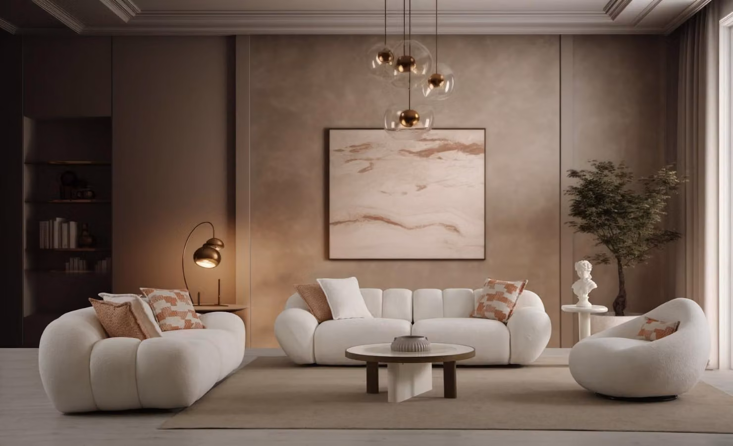 Designer Weiße Sofagarnitur Luxuriöser Sessel Holz Couchtisch