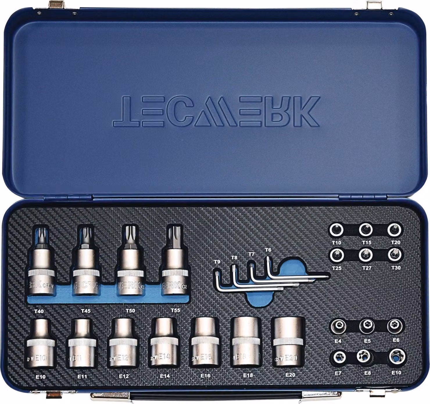 Set di chiavi a bussola da 27 pezzi 1/4 + 1/2 T10 - T55/E4 - E20