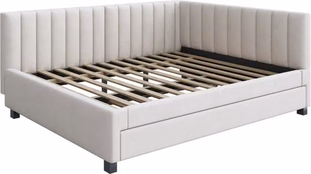 Letto estraibile matrimoniale in velluto beige con rete, senza materasso, L/P/H: 209.5 x 140 x 120 cm e 190 x 90 cm – 1