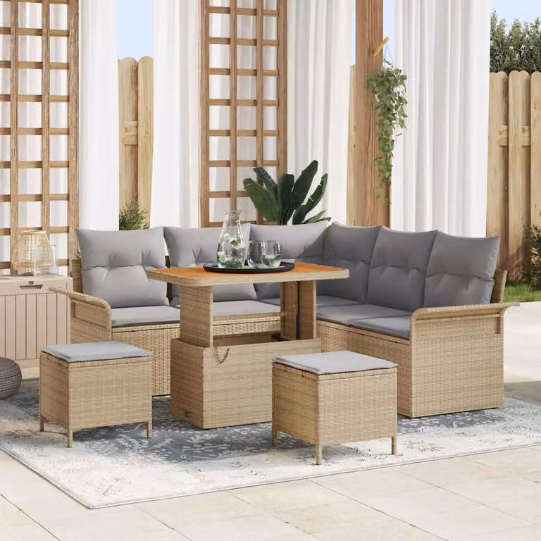 Set Divano da Giardino a L vidaXL in Polyrattan Beige con Cuscini e Tavolino da 8 Pezzi
