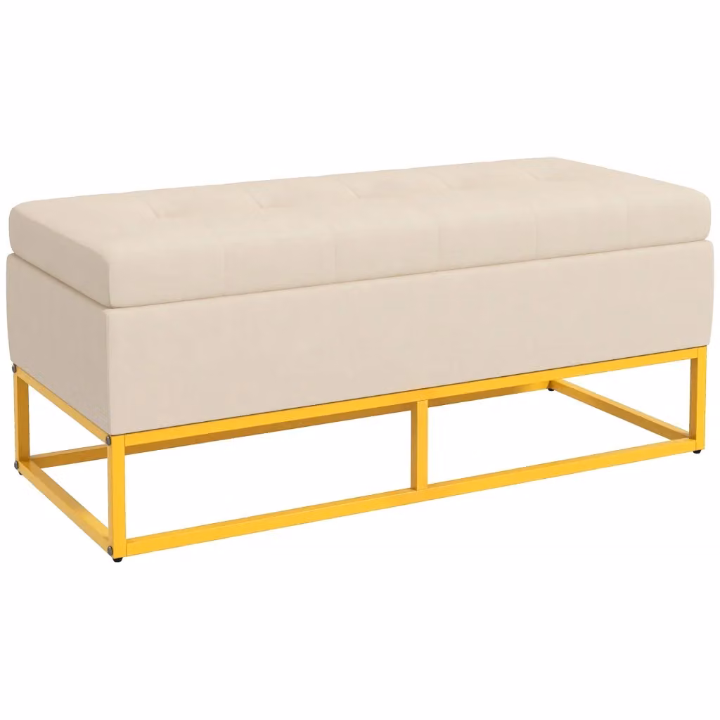 Panca Contenitore Imbottita Xylo in Velluto Beige con Gambe in Metallo Oro L: 110 cm, P: 44 cm, H: 49 cm