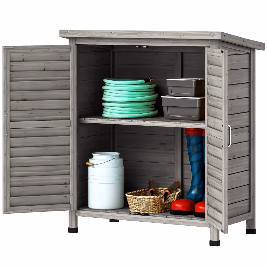 Armadio da giardino in legno di abete con ante a persiana e 2 ripiani, L: 87 cm, P: 46.5 cm, H: 96.5 cm, Grigio – 2