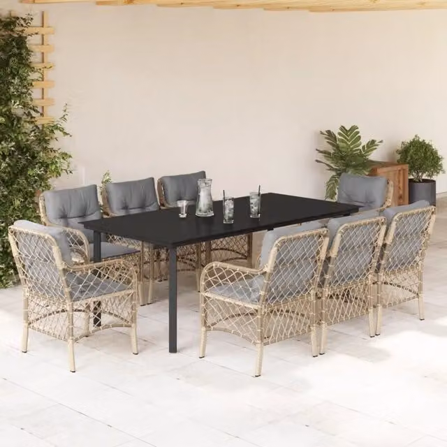 Set da pranzo da giardino vidaXL in polyrattan con tavolo in vetro e 9 pezzi, colori nero, beige e grigio