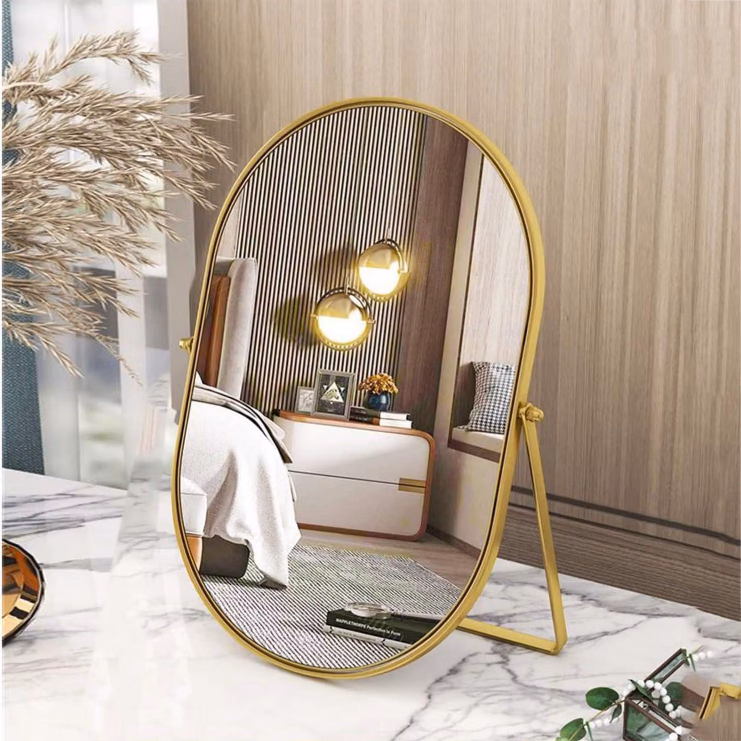 Specchio trucco ovale, regolabile a 90°, color oro