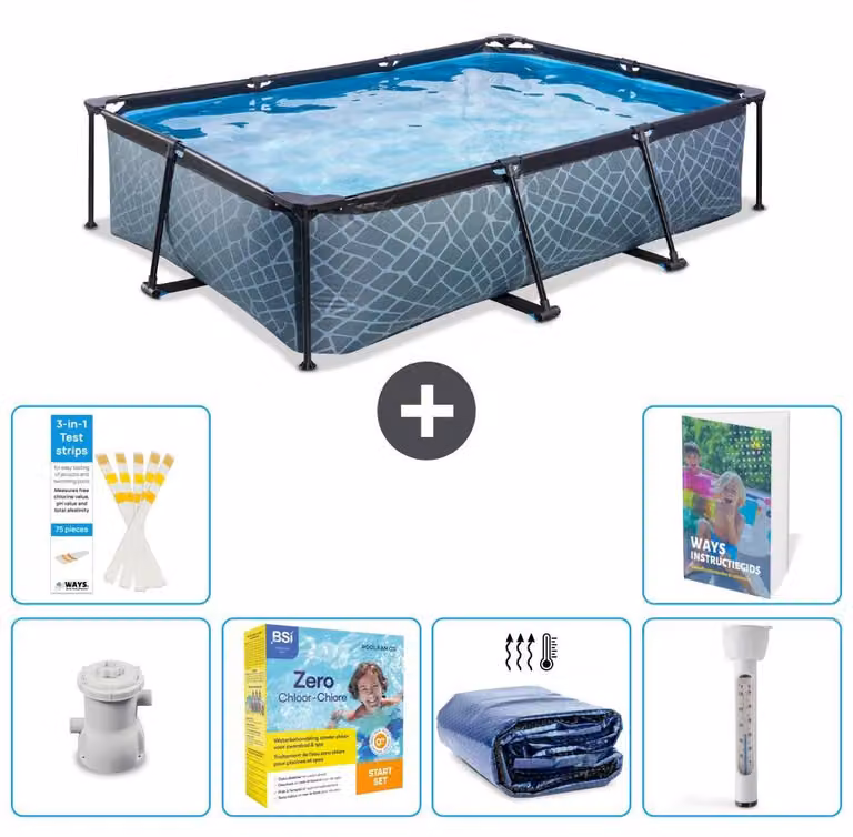 Piscina fuori terra rettangolare - aspetto pietra - 300x200x65 cm - composta da 5 elementi - modello S184