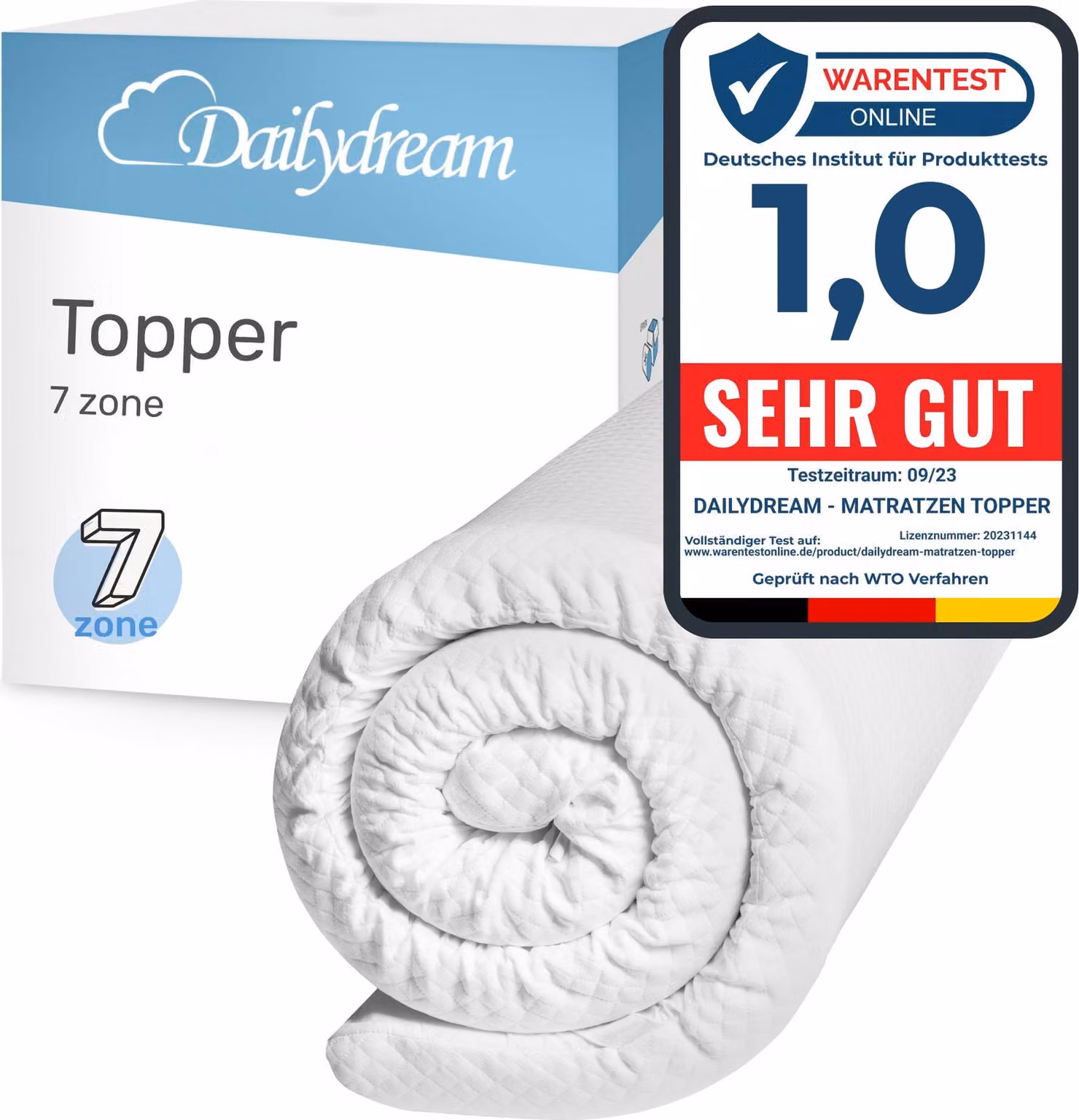 Coprimaterasso Dailydream a 7 zone, modello L/XL – 140x200 cm – Altezza 7 cm – coprimaterasso ergonomico - Oeko-Tex 100 e CertiPur, rivestimento facilmente rimovibile e lavabile, cerniera, adatto a chi soffre di allergie, adattabile, antiscivolo, inodore,