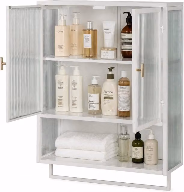 Armadio a parete 60 x 23 x 78 cm in vetro e metallo bianco, 2 ante, per bagno