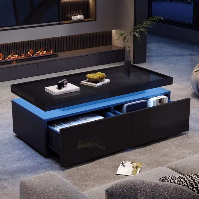 Tavolino da salotto moderno MODFU nero lucido con ripiano aperto e design minimalista L: 95 cm, P: 50 cm, H: 45 cm