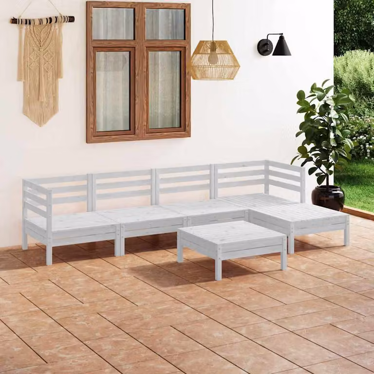 vidaXL Set Salotto da Giardino a L in Legno di Pino Bianco con Cuscini, 6 Pezzi