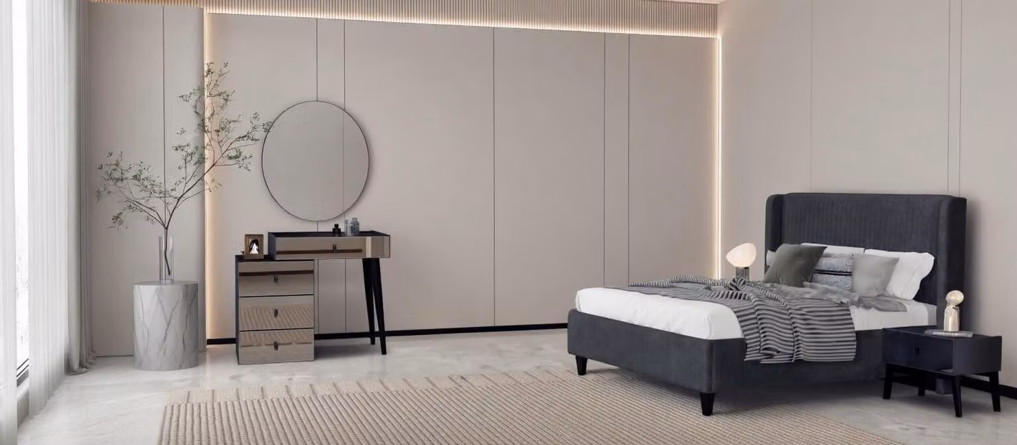 Set da camera da letto: letto, toletta, 2 comodini in stile moderno, nero