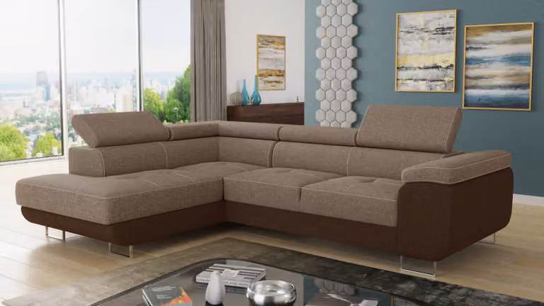 Divano angolare Caris con funzione letto e poggiatesta regolabili, salotto componibile, divano letto, divano letto, divano, divano (marrone + cappuccino (Sawana 16 + Sawana 02), divano angolare sinistro)