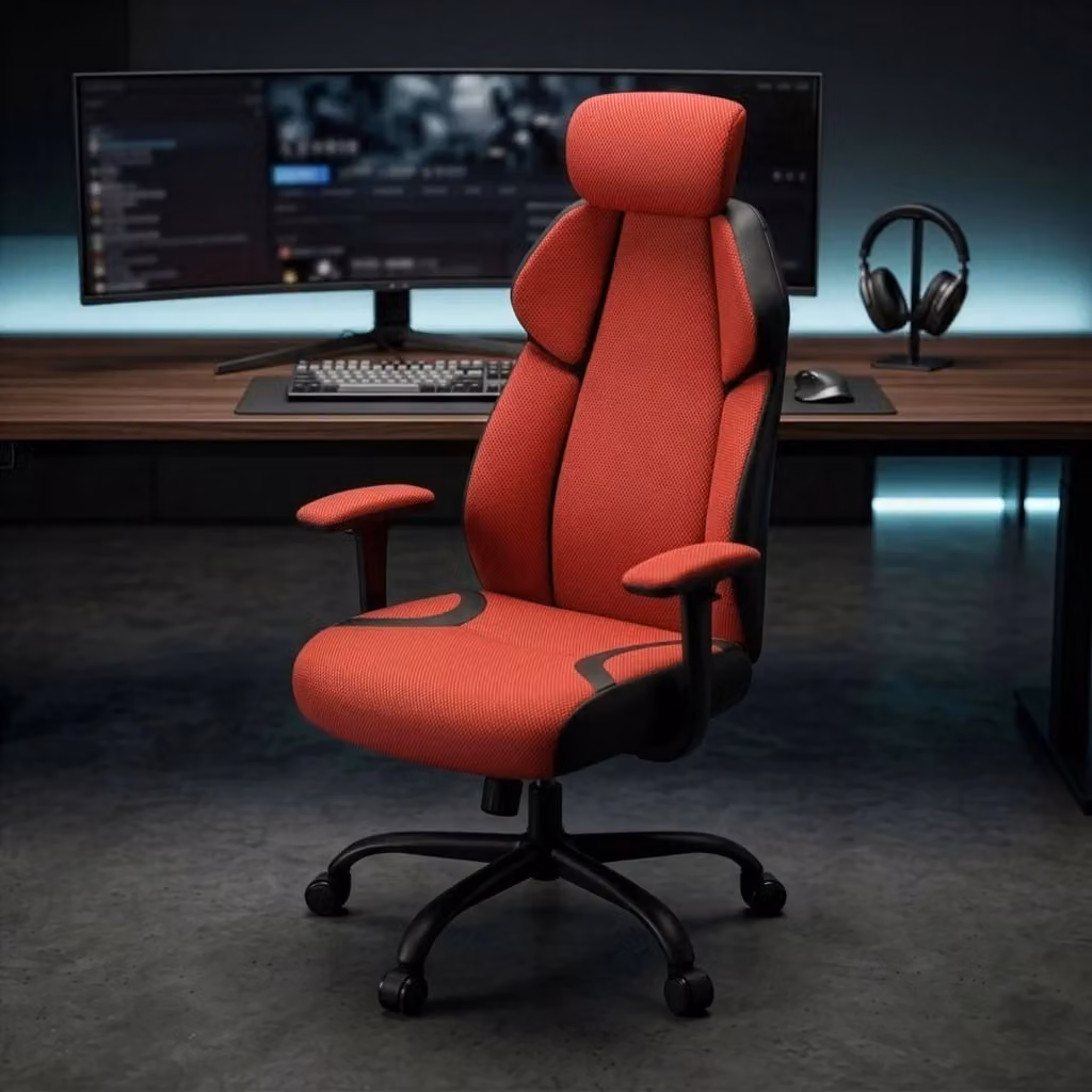 Frankystar Sedia da Gaming Rossa con Tessuto e Finta Pelle, Ergonomica con Poggiatesta, Braccioli e Rotazione a 360° – 2