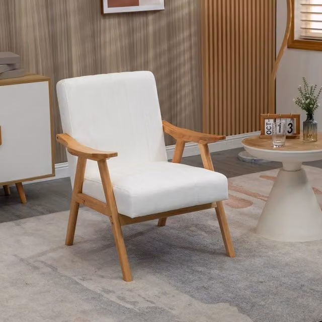 Poltrona Lounge REDOM in stile Scandinavo con struttura in legno e rivestimento in tessuto bianco, L: 68 cm, P: 74 cm, H: 82 cm