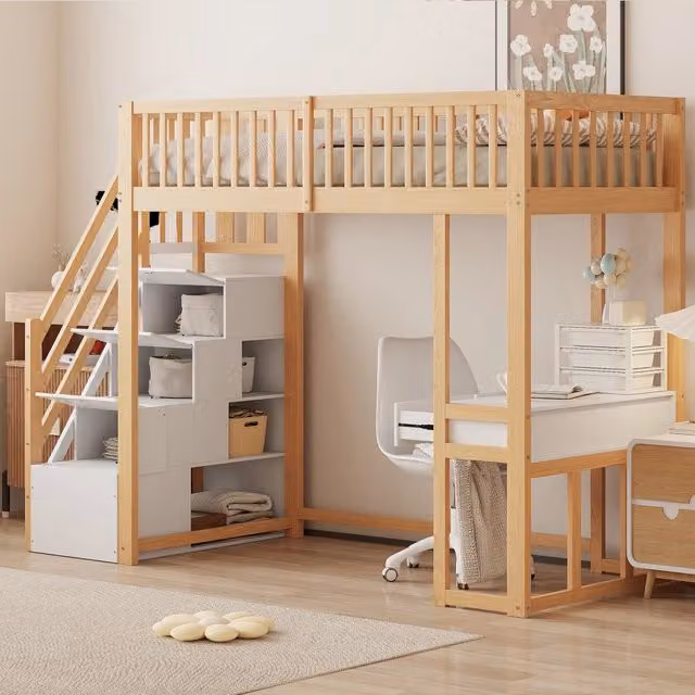 Letto a soppalco 90x200 cm con scrivania multifunzionale; scala contenitore e struttura in legno; bianco