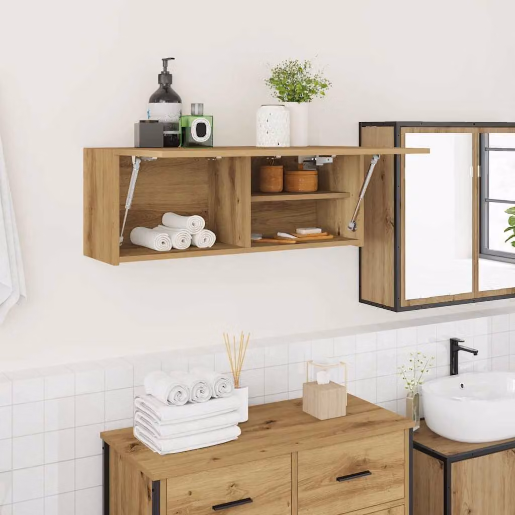 Mobiletto da parete vidaXL in MDF color rovere con ante a cerniera e ripiani interni, L 80 x P 25 x H 30 cm