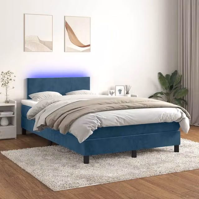 Letto Ibrido vidaXL con Materasso, Illuminazione LED Sotto il Letto e Porta USB, Rivestimento in Velluto Blu e Bianco, L/P: 120 x 200 cm