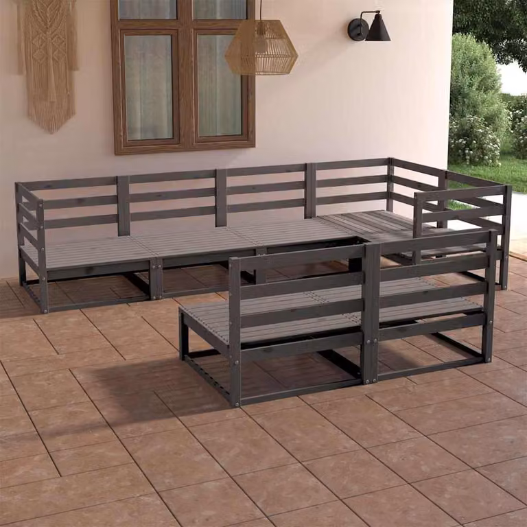 vidaXL Set Divani da Giardino 7 pz a Forma L in Legno di Pino con Cuscini Grigio