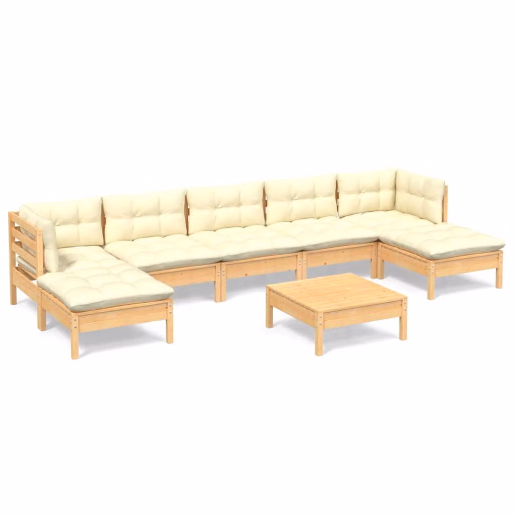Set Salotto da Giardino 8 pz con Cuscini Crema in Legno di Pino
