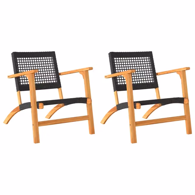 Set di 2 sedie da giardino moderne in polyrattan e legno di acacia nero e marrone con braccioli