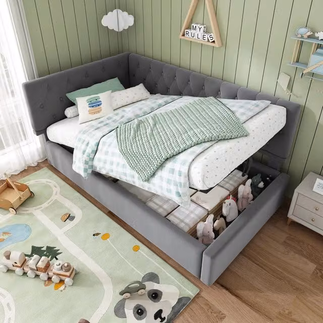 Letto singolo 90x190 cm; divano letto in velluto grigio con contenitore idraulico e testiera reversibile