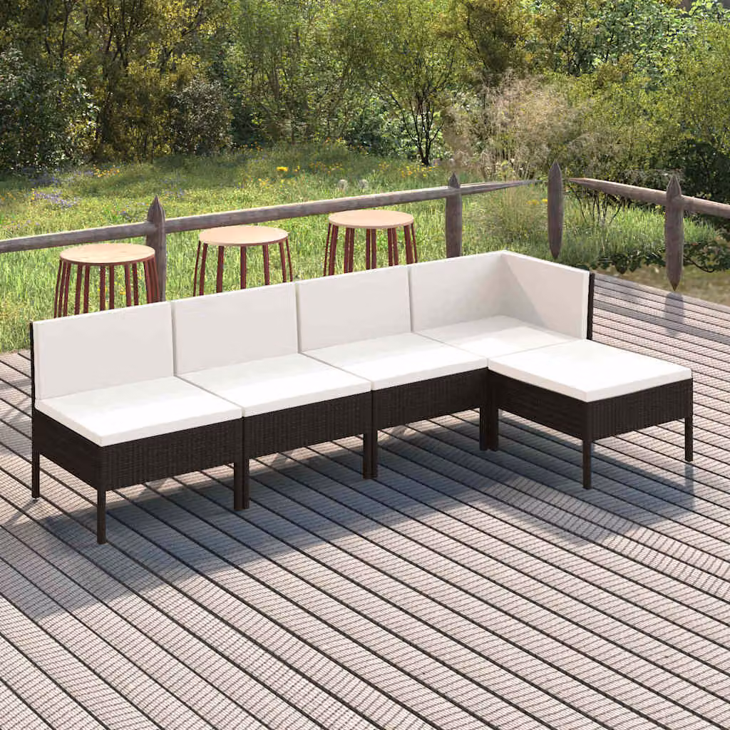 Set da giardino moderno vidaXL composto da 5 pezzi con divano a 3 posti, elemento angolare, pouf e cuscini con rivestimenti rimovibili in colore nero e bianco