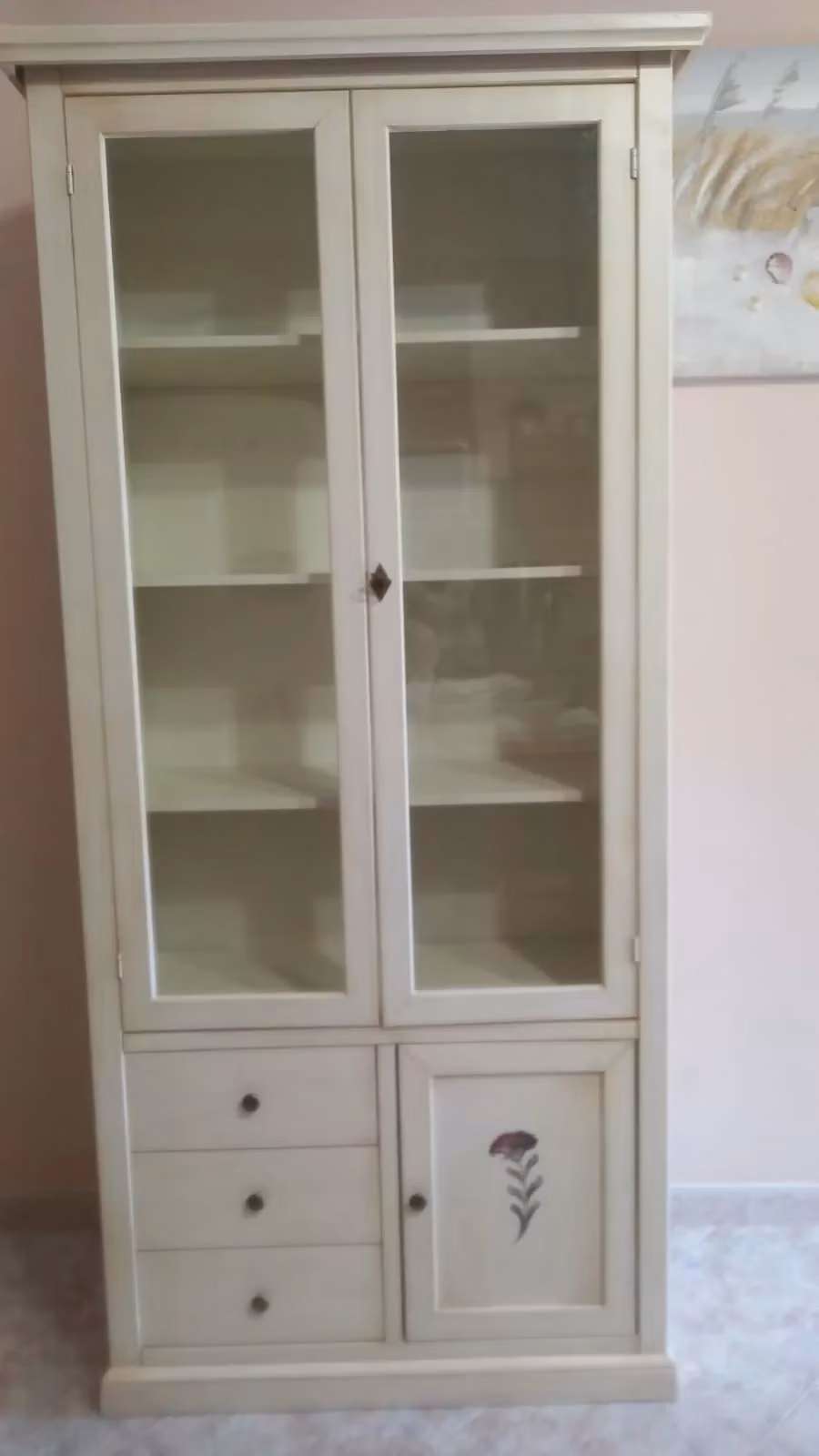 Vetrina Mobili 2G in legno di pioppo stile shabby chic con 3 ante in vetro e 3 cassetti, decorazione floreale, colore avorio e beige, L: 90 cm, P: 41 cm, H: 186 cm – 3